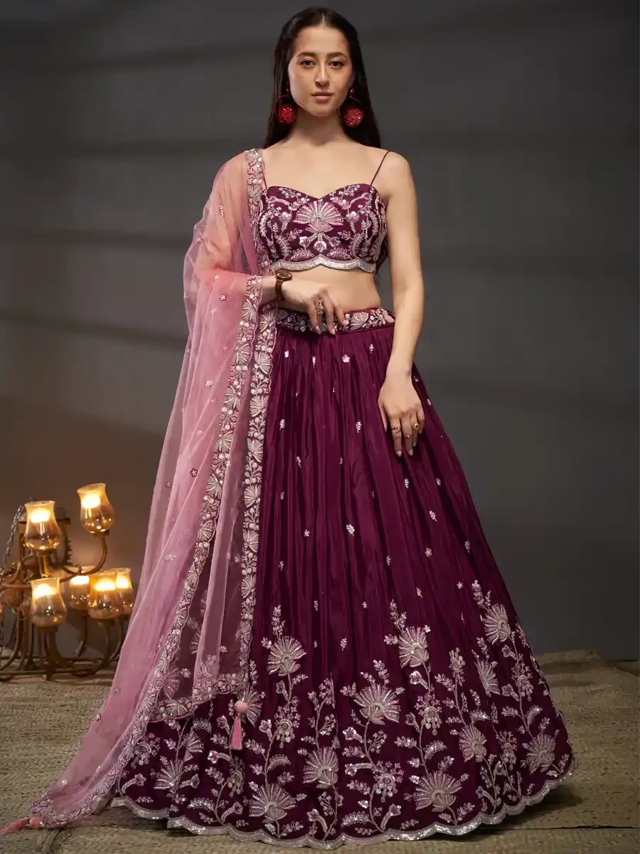 Burgundy Poly Chiffon Embroidery Reception Party Wear Heavy Border Lehenga Choli