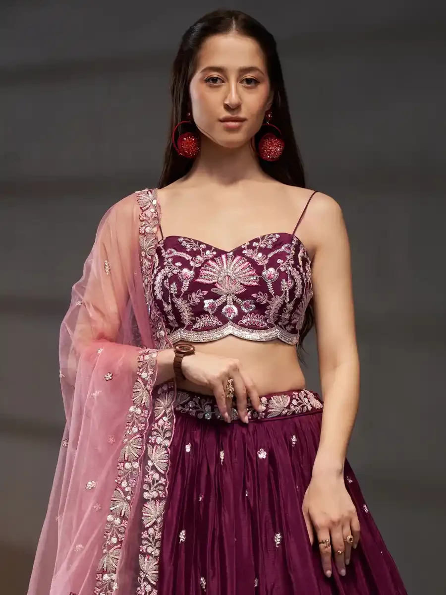 Burgundy Poly Chiffon Embroidery Reception Party Wear Heavy Border Lehenga Choli