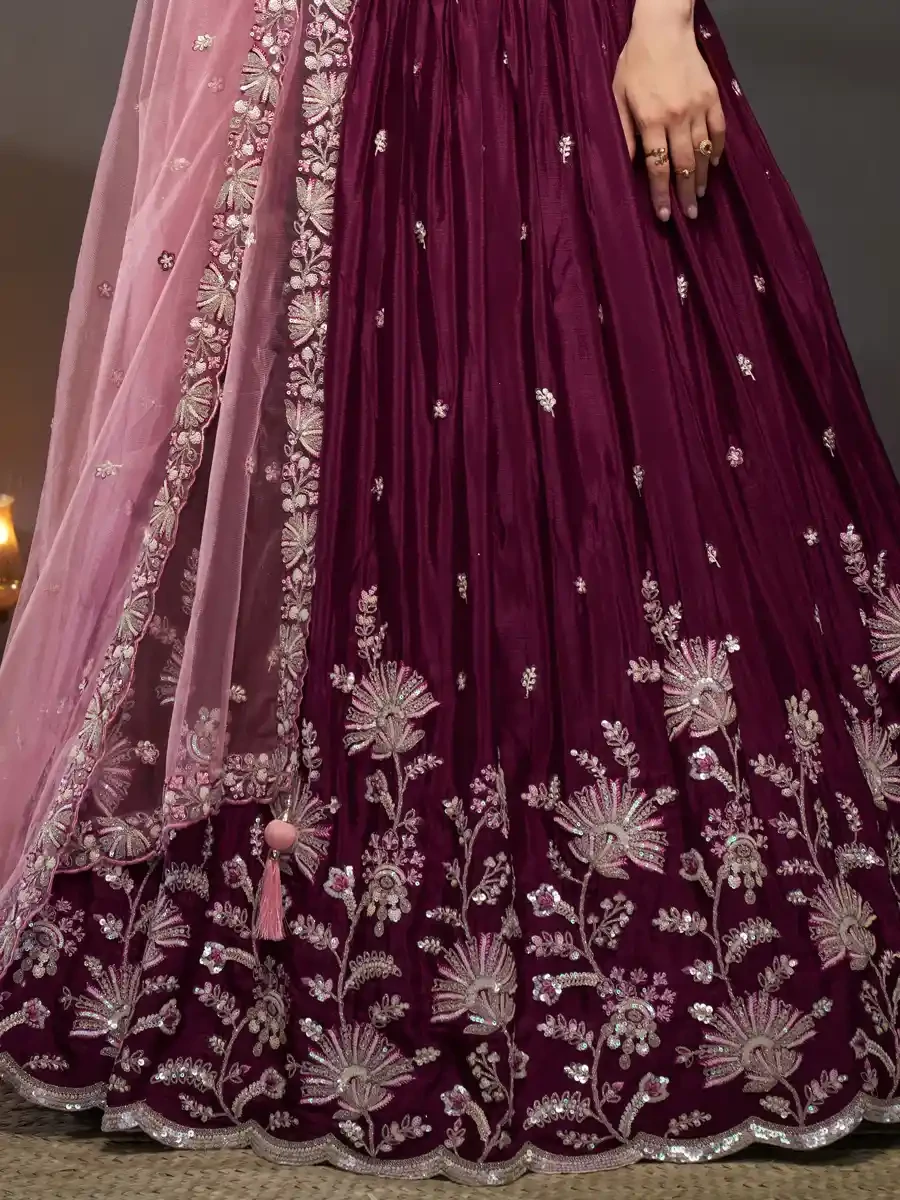 Burgundy Poly Chiffon Embroidery Reception Party Wear Heavy Border Lehenga Choli