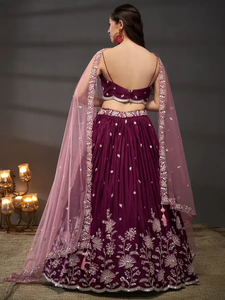 Burgundy Poly Chiffon Embroidery Reception Party Wear Heavy Border Lehenga Choli