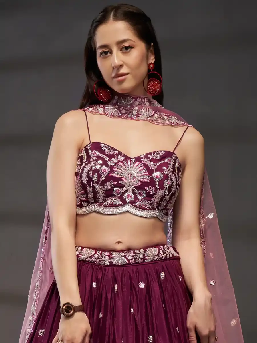 Burgundy Poly Chiffon Embroidery Reception Party Wear Heavy Border Lehenga Choli