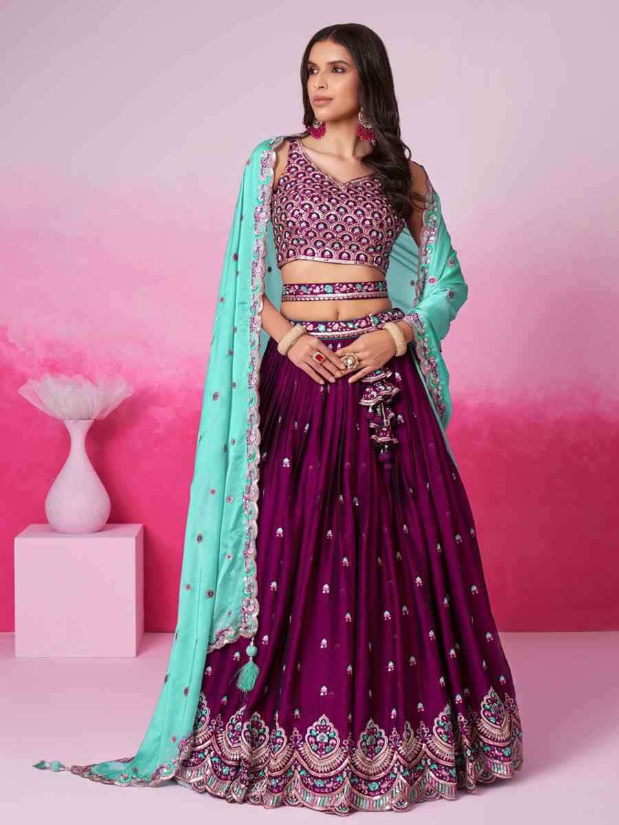 Burgundy Poly Georgette Embroidered Bridesmaid Wedding Heavy Border Lehenga Choli