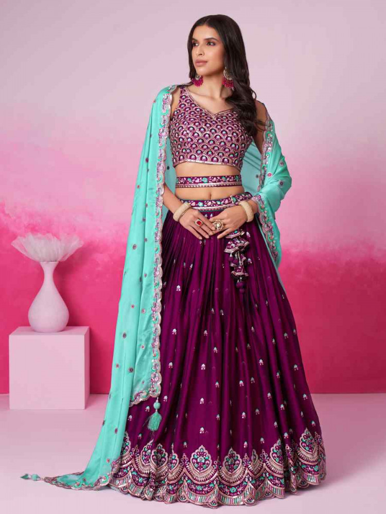 Burgundy Poly Georgette Embroidered Bridesmaid Wedding Heavy Border Lehenga Choli