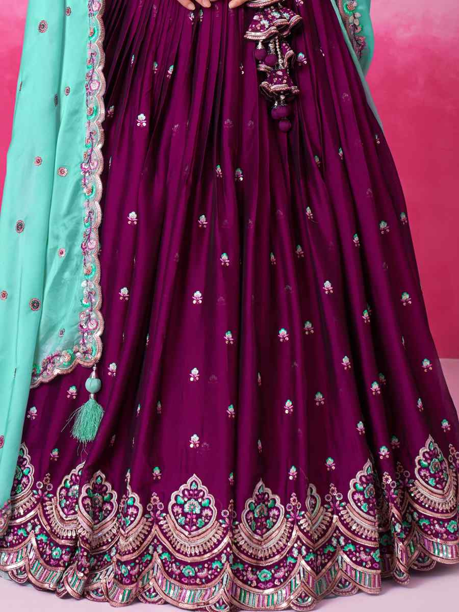 Burgundy Poly Georgette Embroidered Bridesmaid Wedding Heavy Border Lehenga Choli