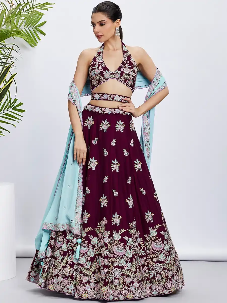 Burgundy Poly Georgette Embroidery Reception Party Wear Heavy Border Lehenga Choli