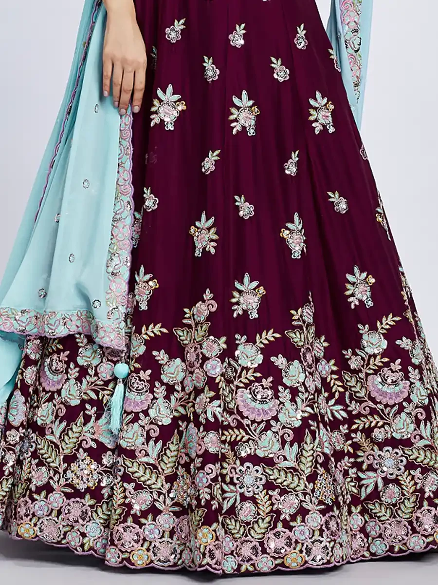 Burgundy Poly Georgette Embroidery Reception Party Wear Heavy Border Lehenga Choli