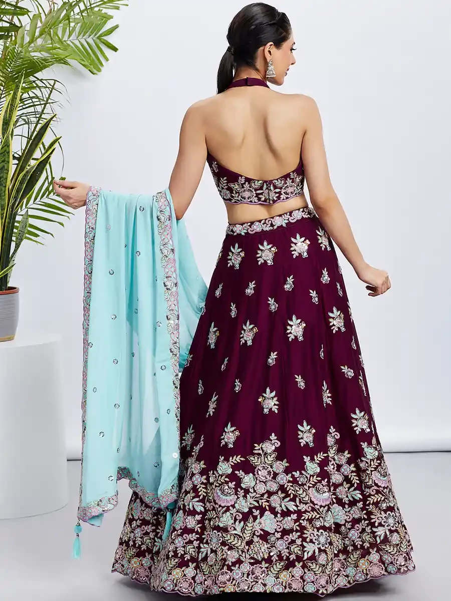 Burgundy Poly Georgette Embroidery Reception Party Wear Heavy Border Lehenga Choli