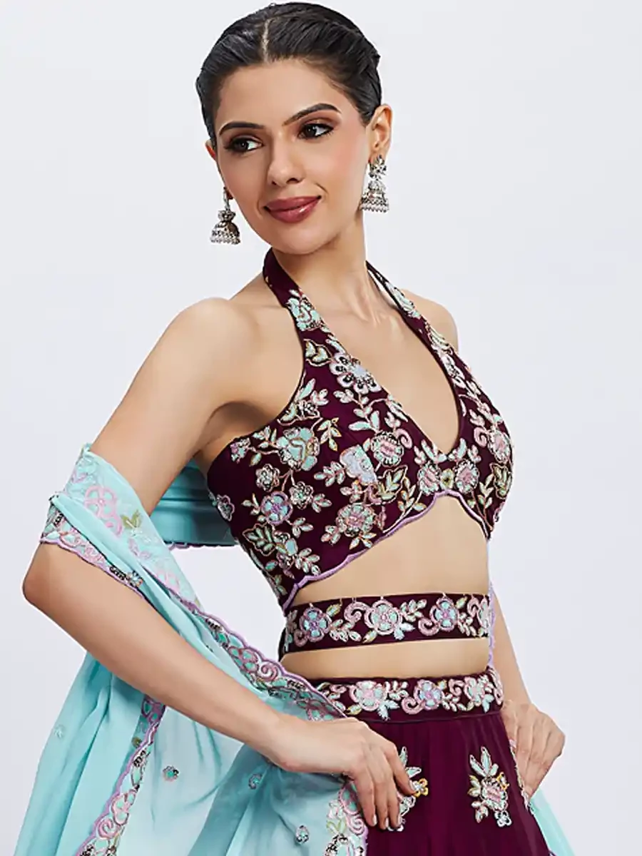 Burgundy Poly Georgette Embroidery Reception Party Wear Heavy Border Lehenga Choli