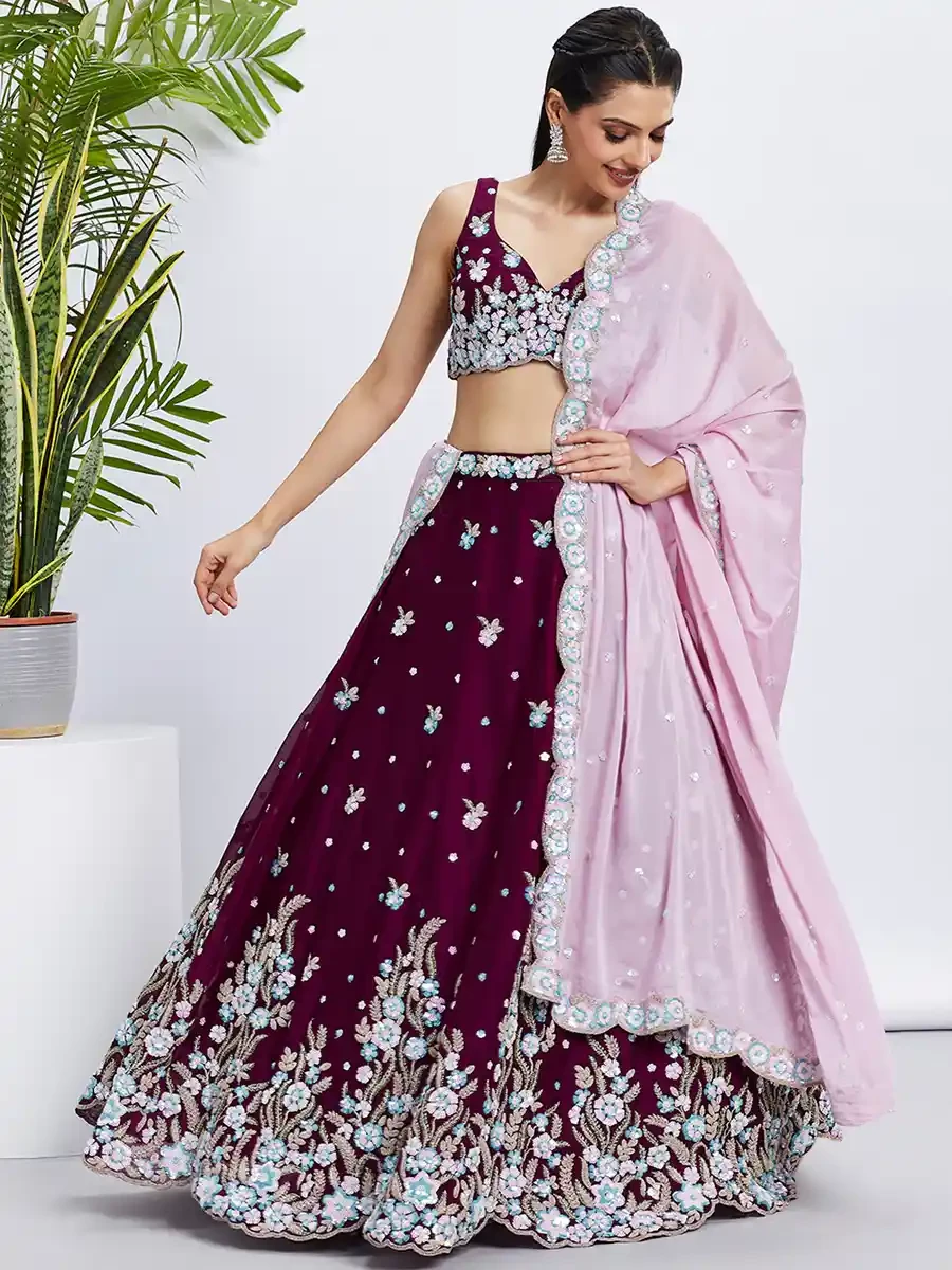 Burgundy Poly Georgette Embroidery Reception Party Wear Heavy Border Lehenga Choli