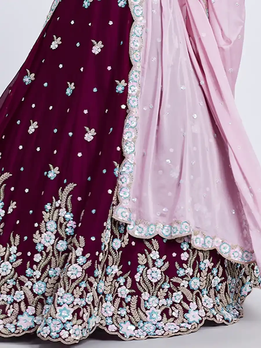 Burgundy Poly Georgette Embroidery Reception Party Wear Heavy Border Lehenga Choli