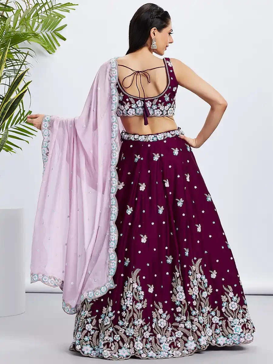 Burgundy Poly Georgette Embroidery Reception Party Wear Heavy Border Lehenga Choli