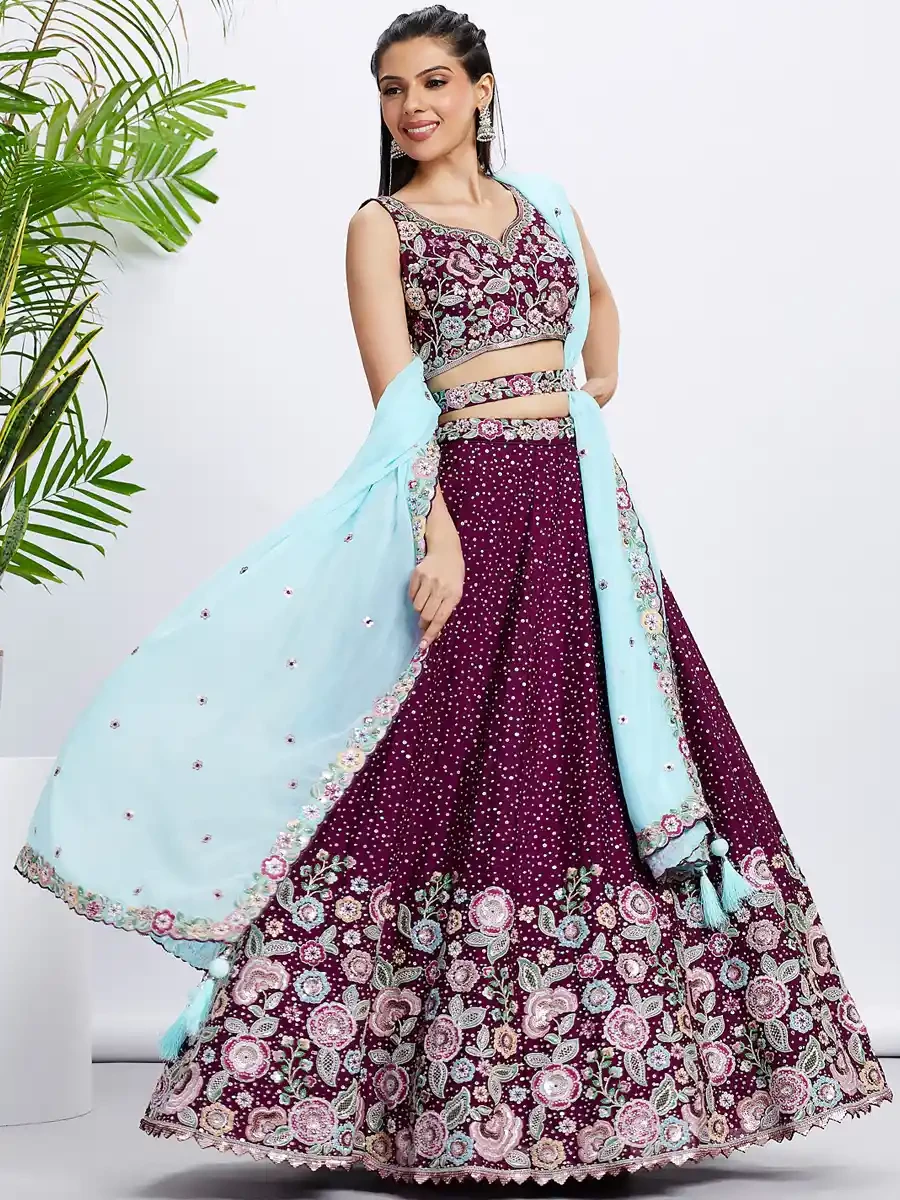 Burgundy Pure Chiffon Embroidery Reception Wedding Heavy Border Lehenga Choli