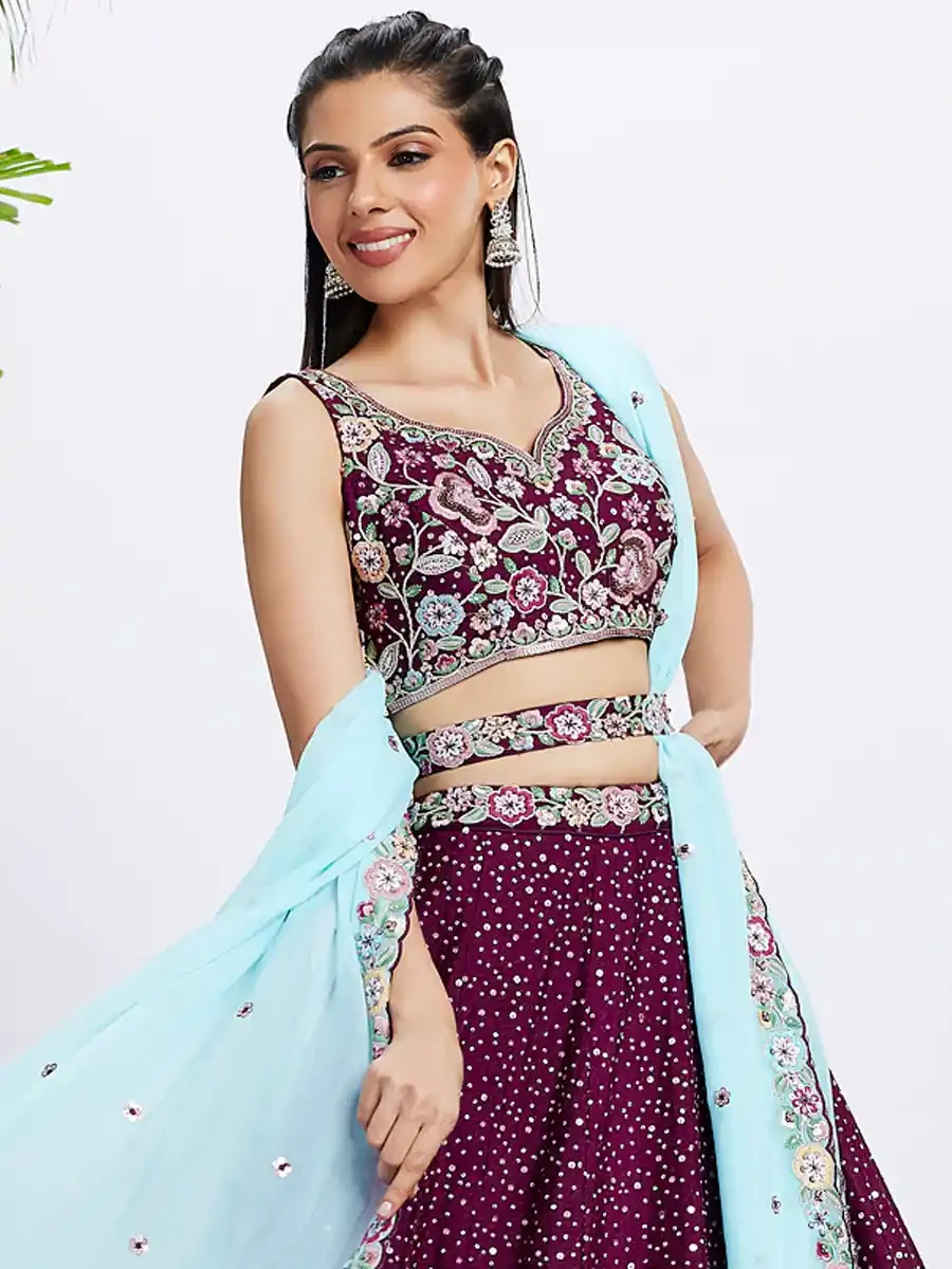 Burgundy Pure Chiffon Embroidery Reception Wedding Heavy Border Lehenga Choli