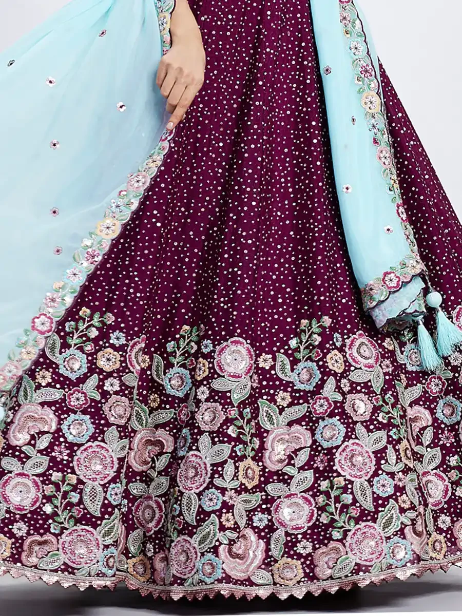 Burgundy Pure Chiffon Embroidery Reception Wedding Heavy Border Lehenga Choli