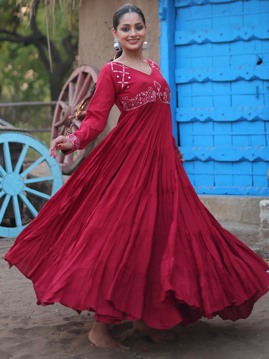 Burgundy Rayon Embroidered Festival Casual Gown