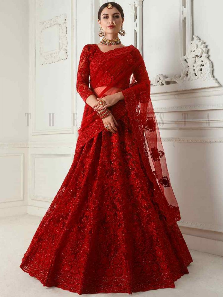 Burgundy Red Net Silk Embroidered Bridal Wedding Heavy Border Lehenga Choli
