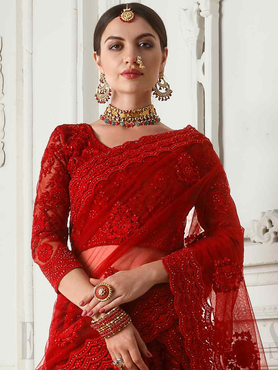 Burgundy Red Net Silk Embroidered Bridal Wedding Heavy Border Lehenga Choli