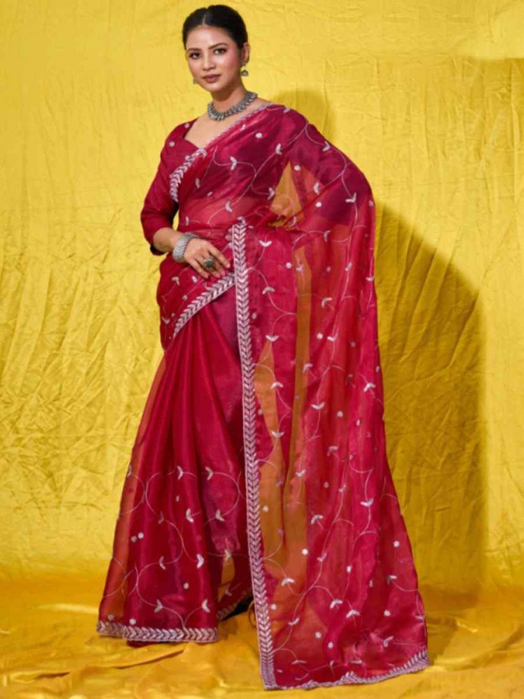Burgundy Red Soft Burberry Embroidered Party Reception Heavy Border Saree