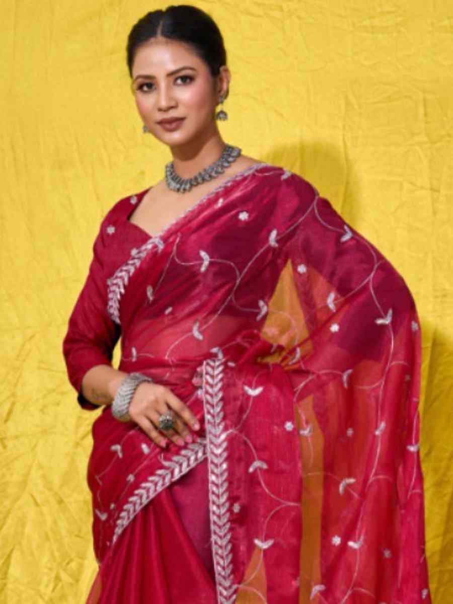 Burgundy Red Soft Burberry Embroidered Party Reception Heavy Border Saree