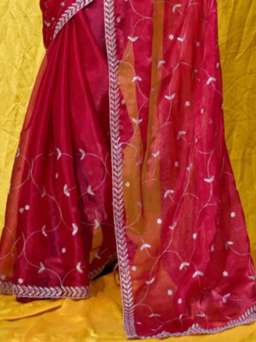 Burgundy Red Soft Burberry Embroidered Party Reception Heavy Border Saree