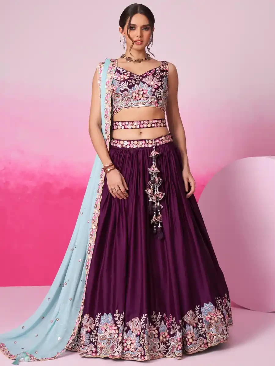 Burgundy Satin Embroidery Reception Party Wear Heavy Border Lehenga Choli