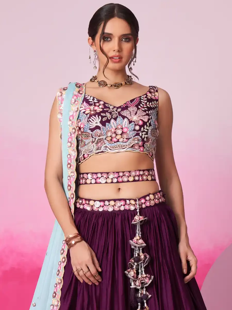 Burgundy Satin Embroidery Reception Party Wear Heavy Border Lehenga Choli