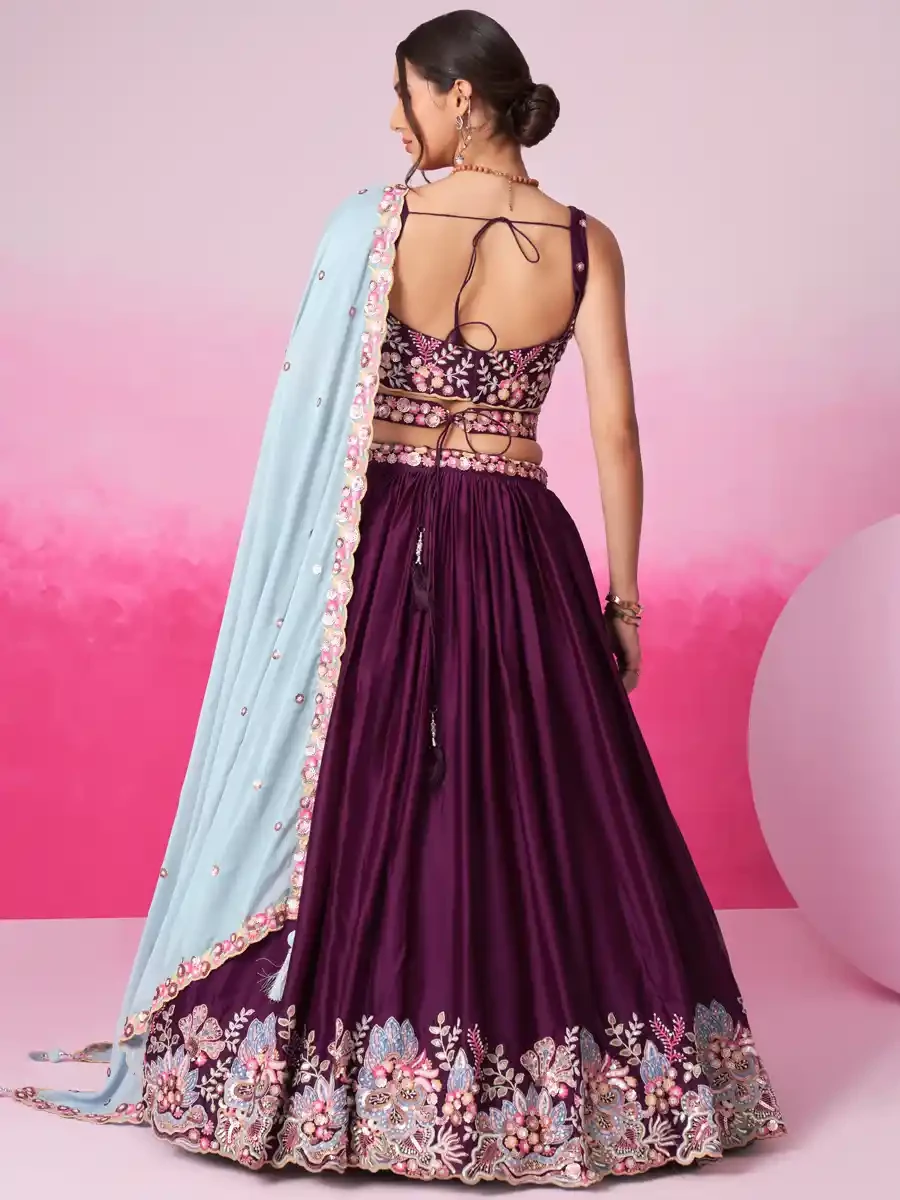 Burgundy Satin Embroidery Reception Party Wear Heavy Border Lehenga Choli