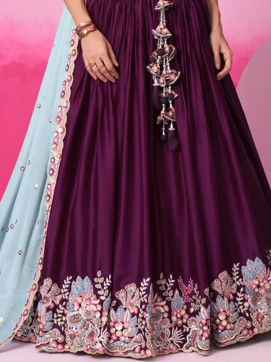 Burgundy Satin Embroidery Reception Party Wear Heavy Border Lehenga Choli