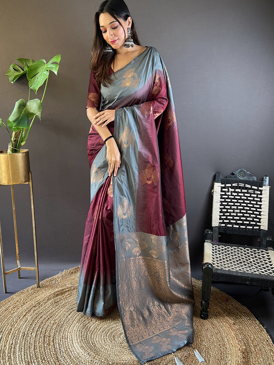 Burgundy Soft Silk Handwoven Festival Wedding Heavy Border Saree