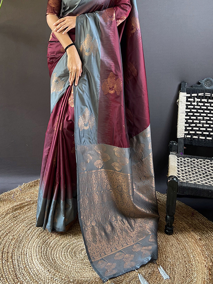 Burgundy Soft Silk Handwoven Festival Wedding Heavy Border Saree