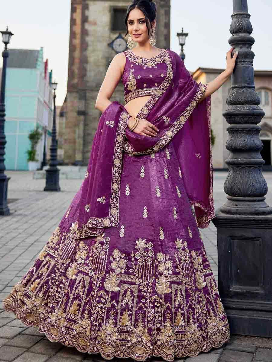 Burgundy Tissue Embroidery Reception Party Wear Heavy Border Lehenga Choli