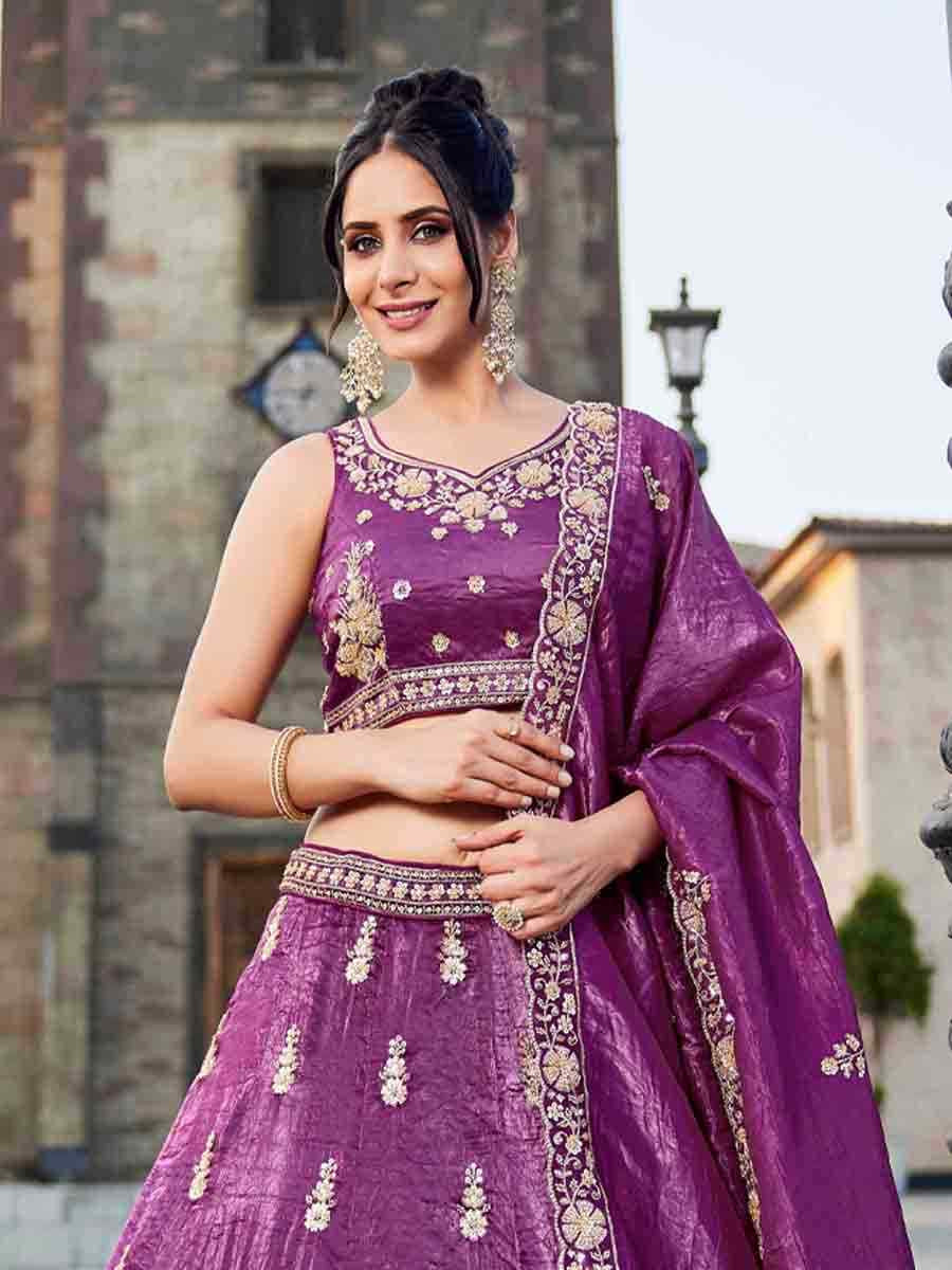 Burgundy Tissue Embroidery Reception Party Wear Heavy Border Lehenga Choli