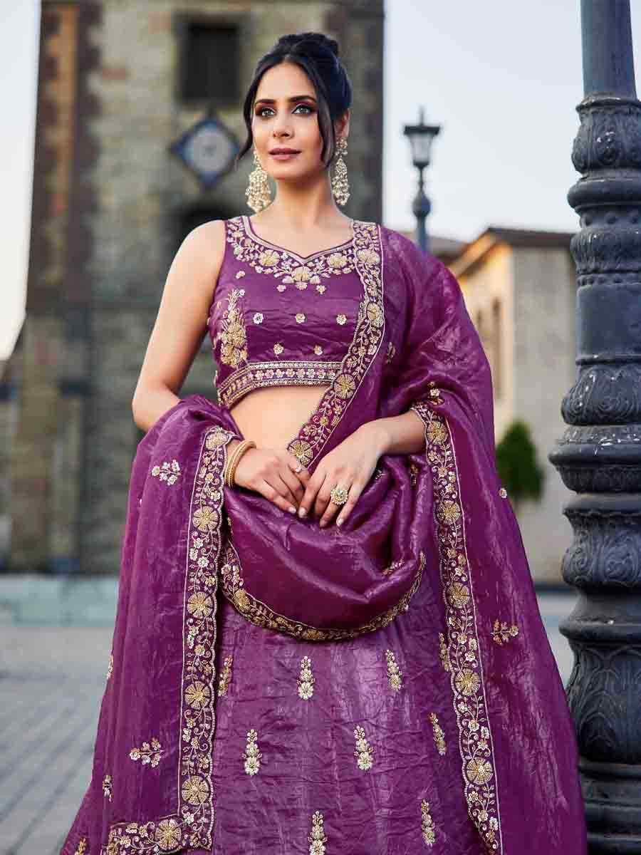 Burgundy Tissue Embroidery Reception Party Wear Heavy Border Lehenga Choli