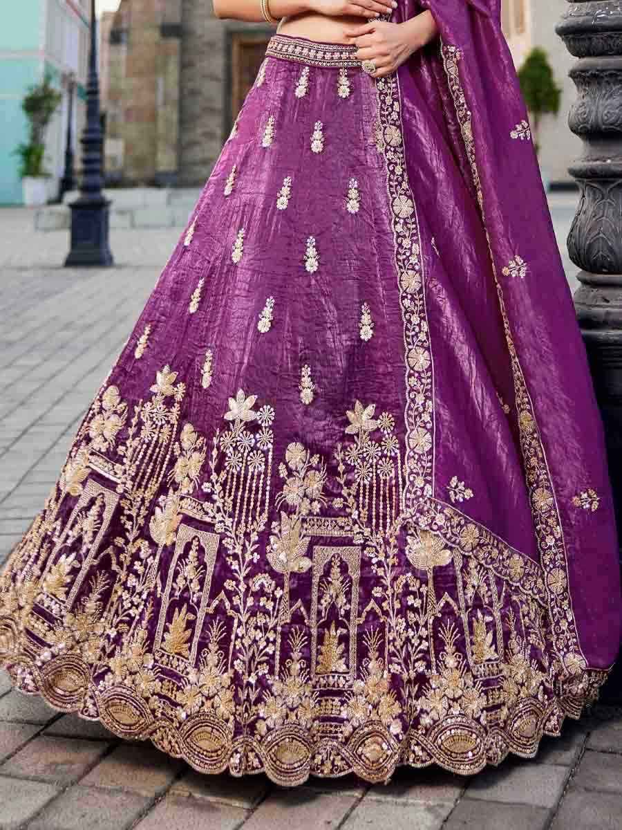 Burgundy Tissue Embroidery Reception Party Wear Heavy Border Lehenga Choli