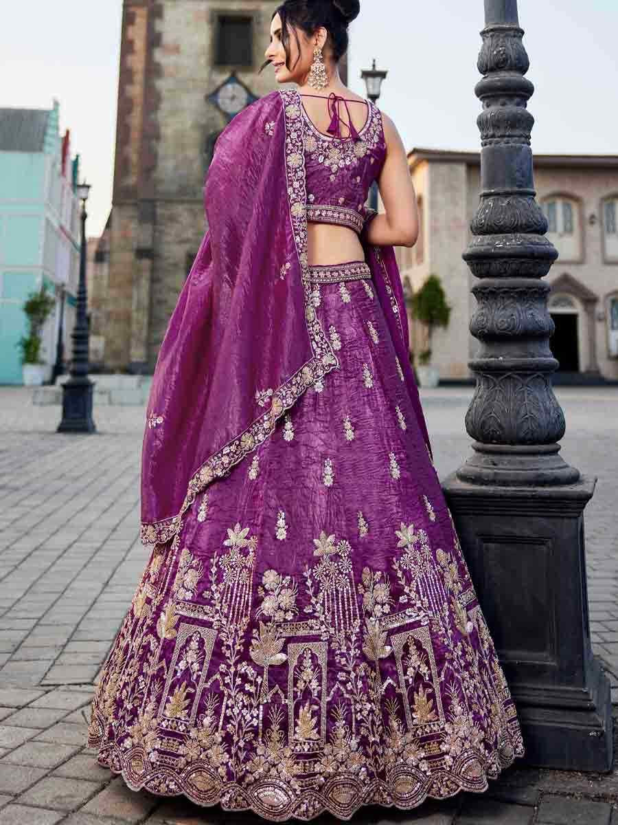 Burgundy Tissue Embroidery Reception Party Wear Heavy Border Lehenga Choli