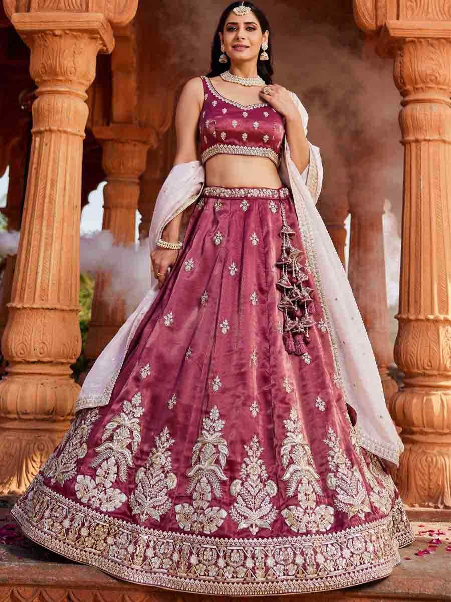 Burgundy Tissue Embroidery Reception Party Wear Heavy Border Lehenga Choli