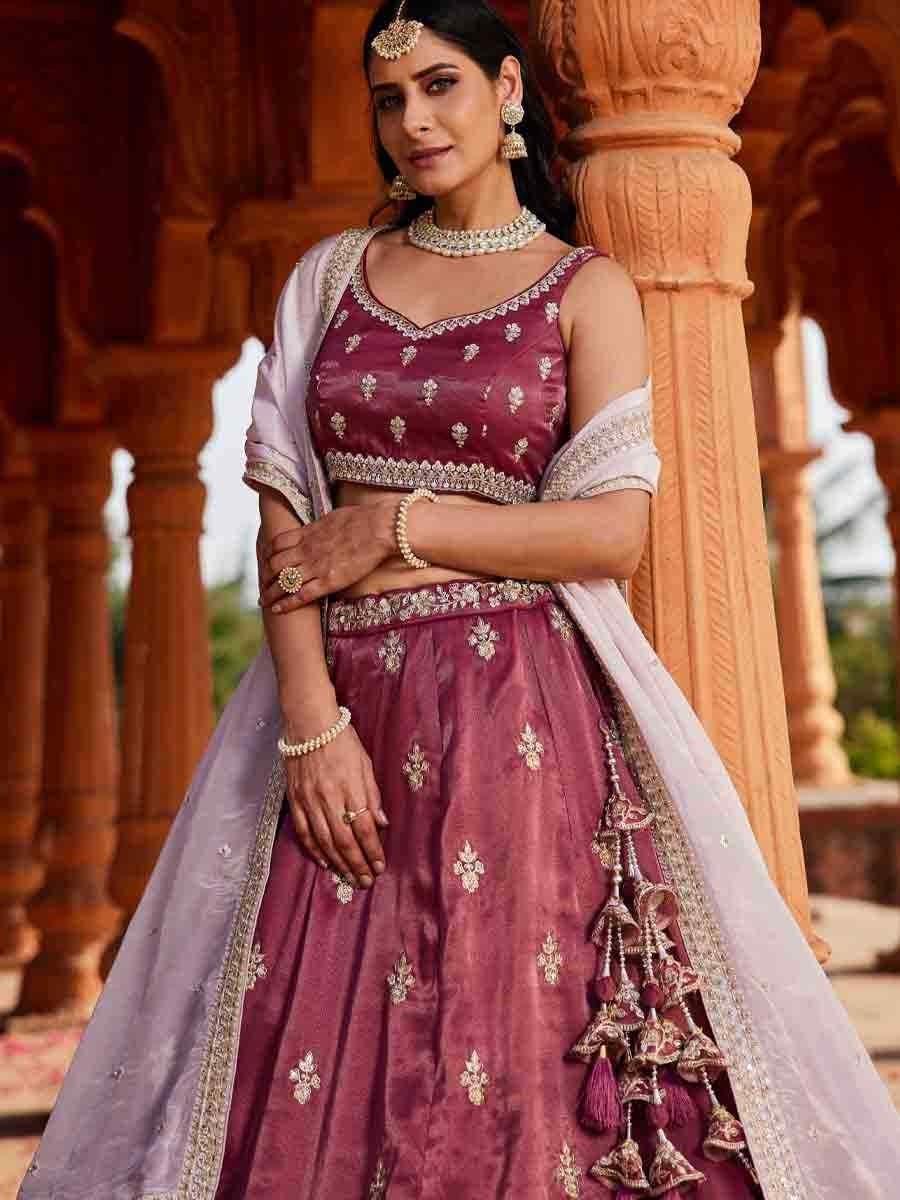 Burgundy Tissue Embroidery Reception Party Wear Heavy Border Lehenga Choli