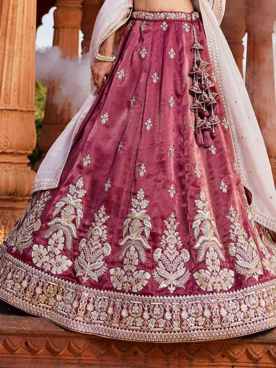 Burgundy Tissue Embroidery Reception Party Wear Heavy Border Lehenga Choli