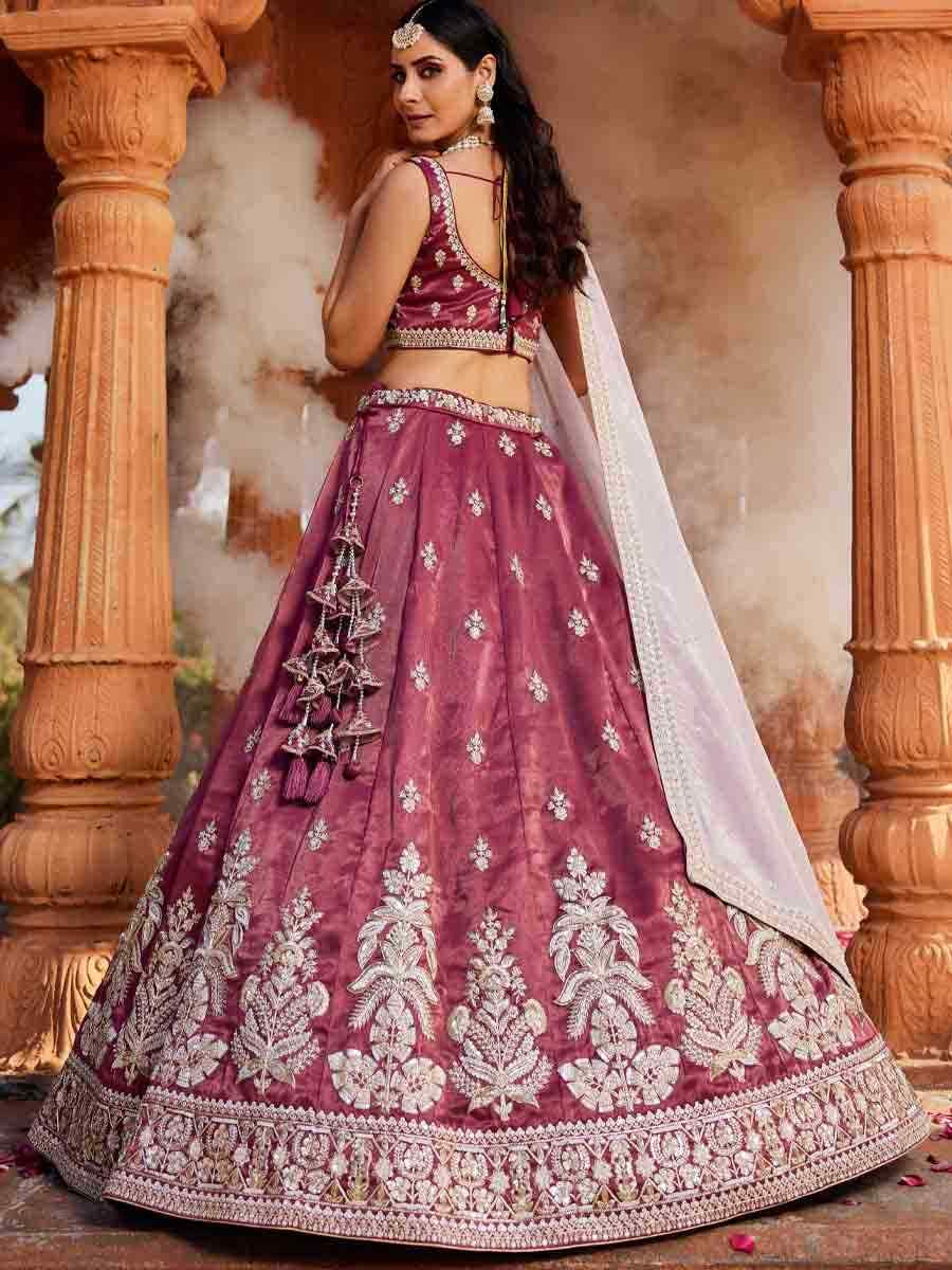 Burgundy Tissue Embroidery Reception Party Wear Heavy Border Lehenga Choli