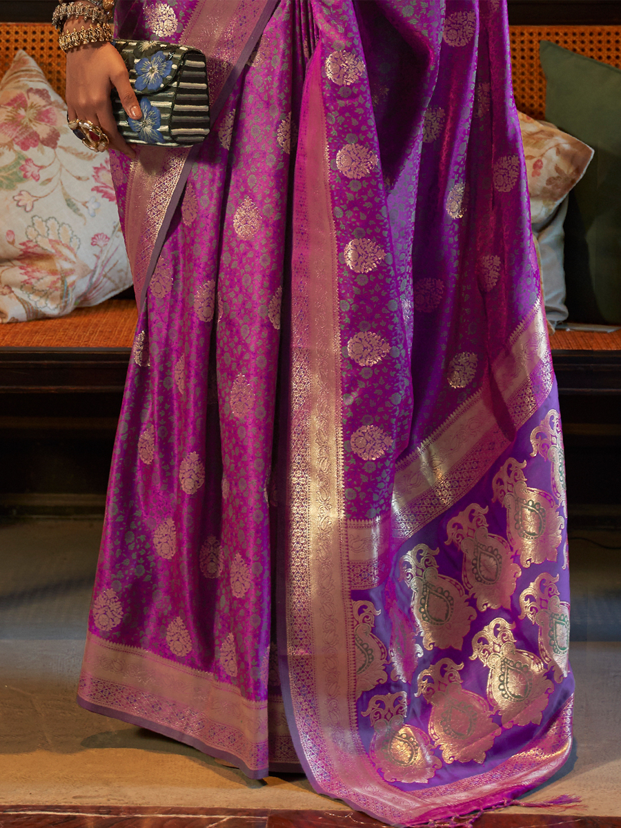 Camelot Purple Pure Satin Silk Handwoven Wedding Festival Heavy Border Saree