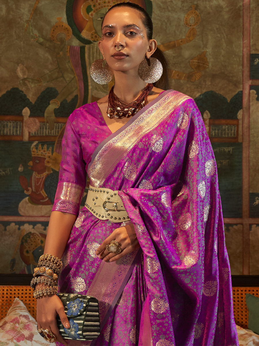 Camelot Purple Pure Satin Silk Handwoven Wedding Festival Heavy Border Saree