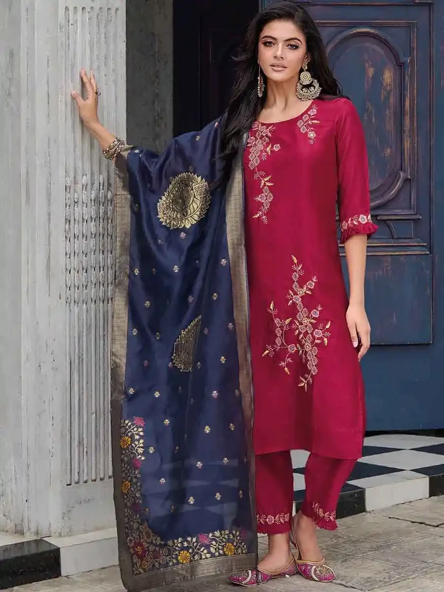 Cherry Red Pure Viscose Embroidered Festival Casual Ready Pant Salwar Kameez