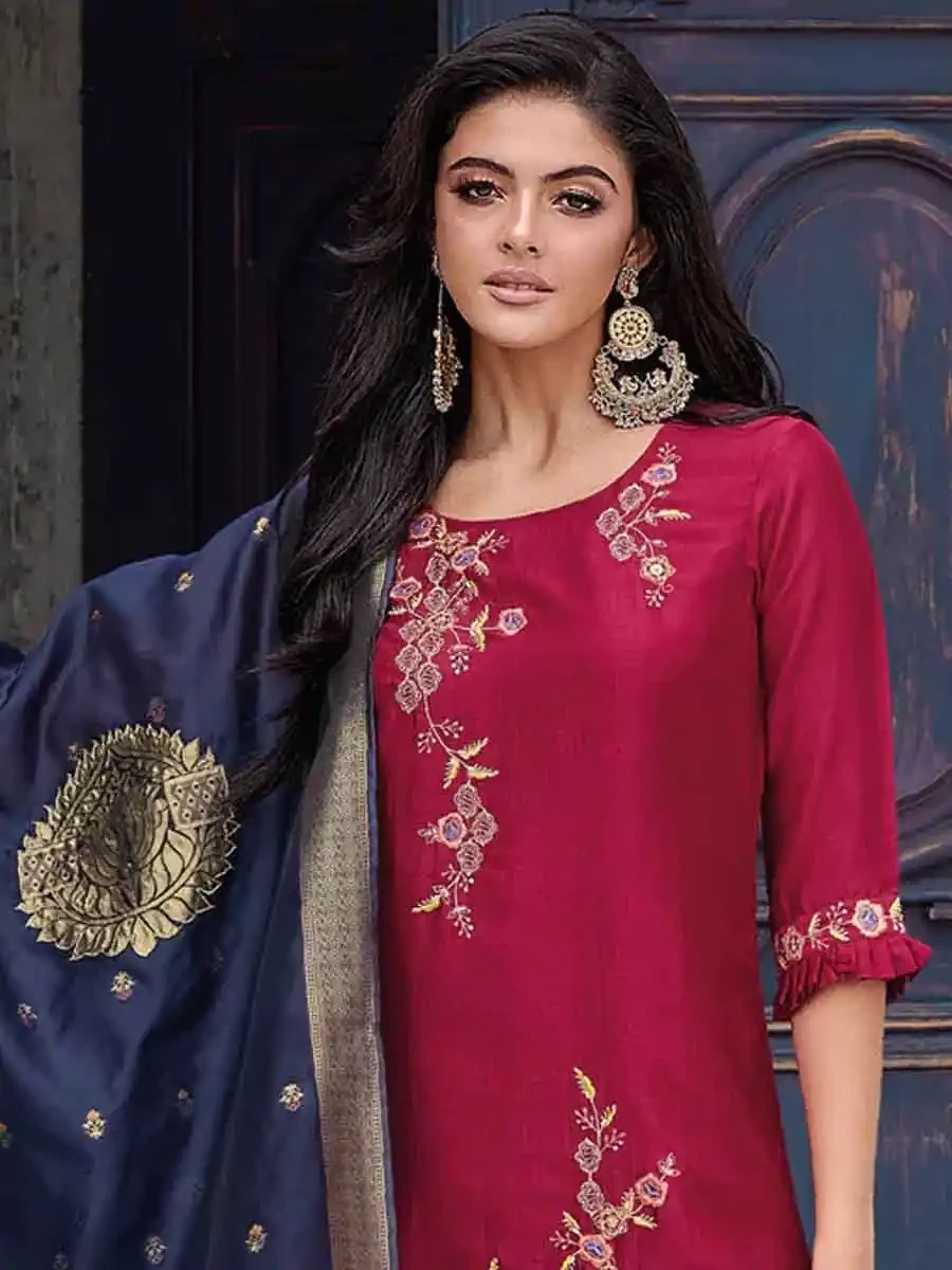 Cherry Red Pure Viscose Embroidered Festival Casual Ready Pant Salwar Kameez