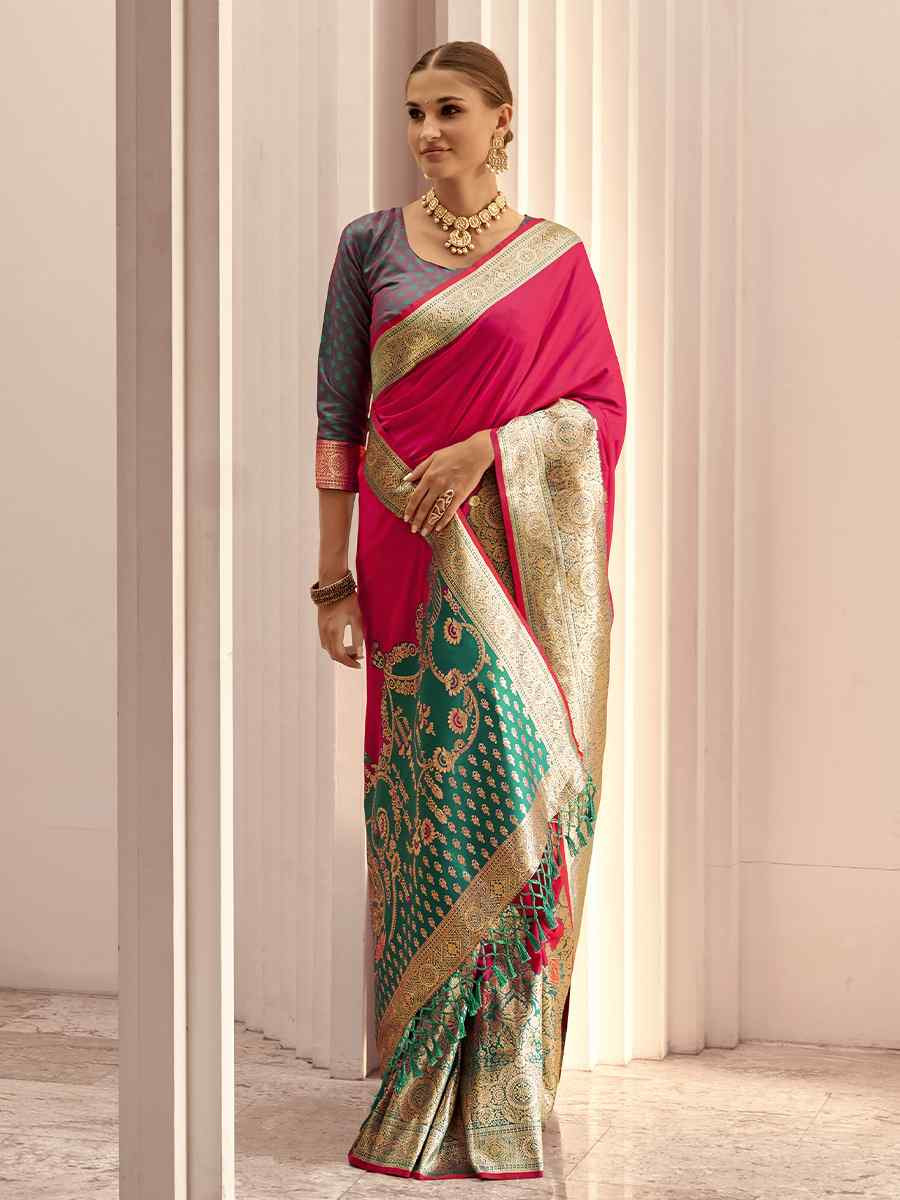 Cherry Satin Silk Handwoven Festival Wedding Heavy Border Saree