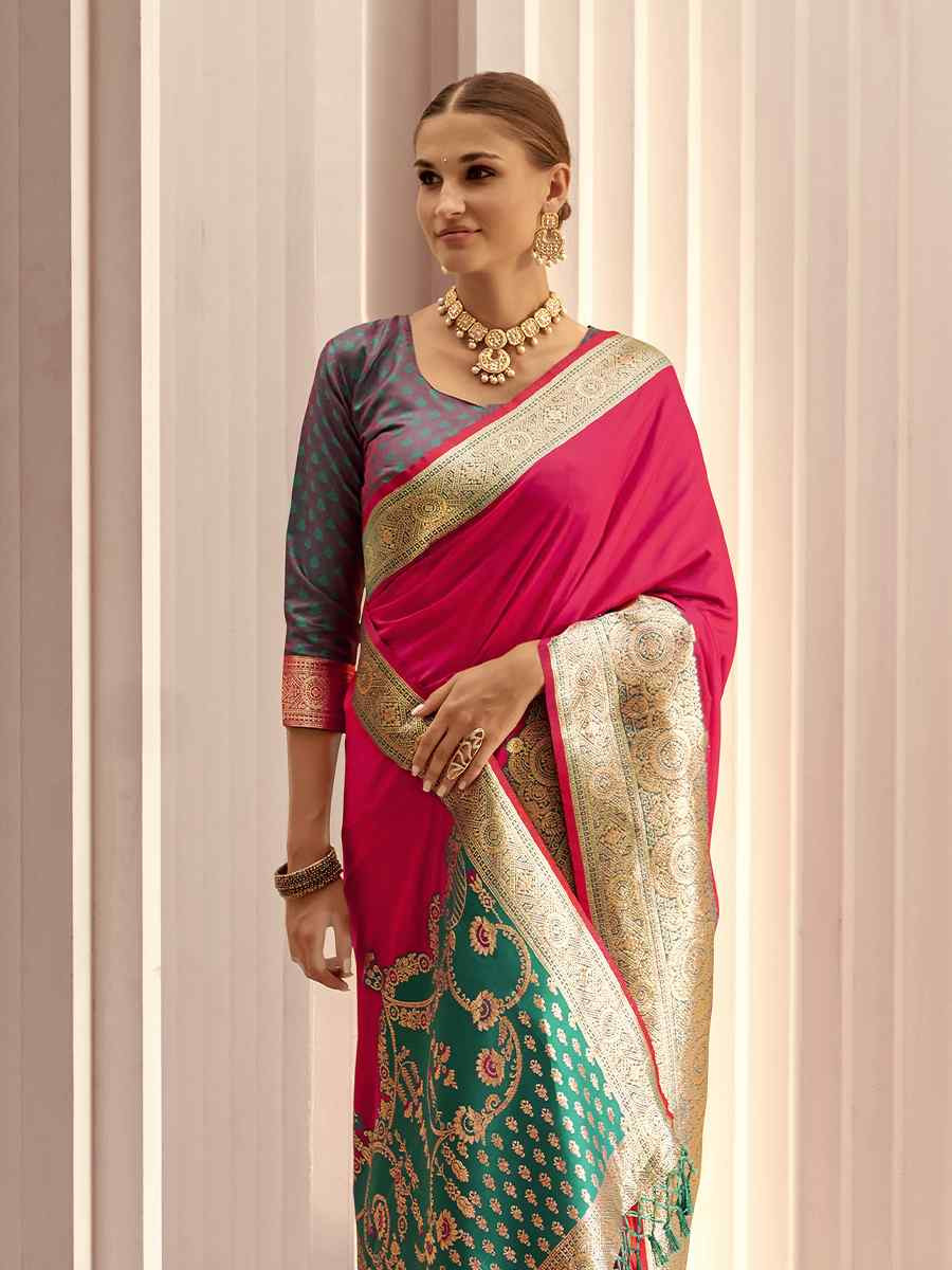 Cherry Satin Silk Handwoven Festival Wedding Heavy Border Saree