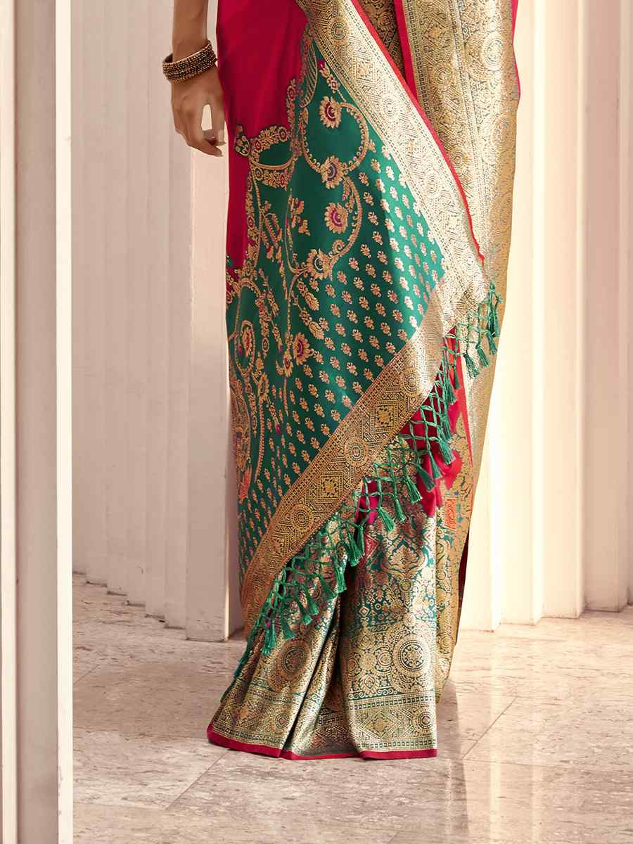 Cherry Satin Silk Handwoven Festival Wedding Heavy Border Saree