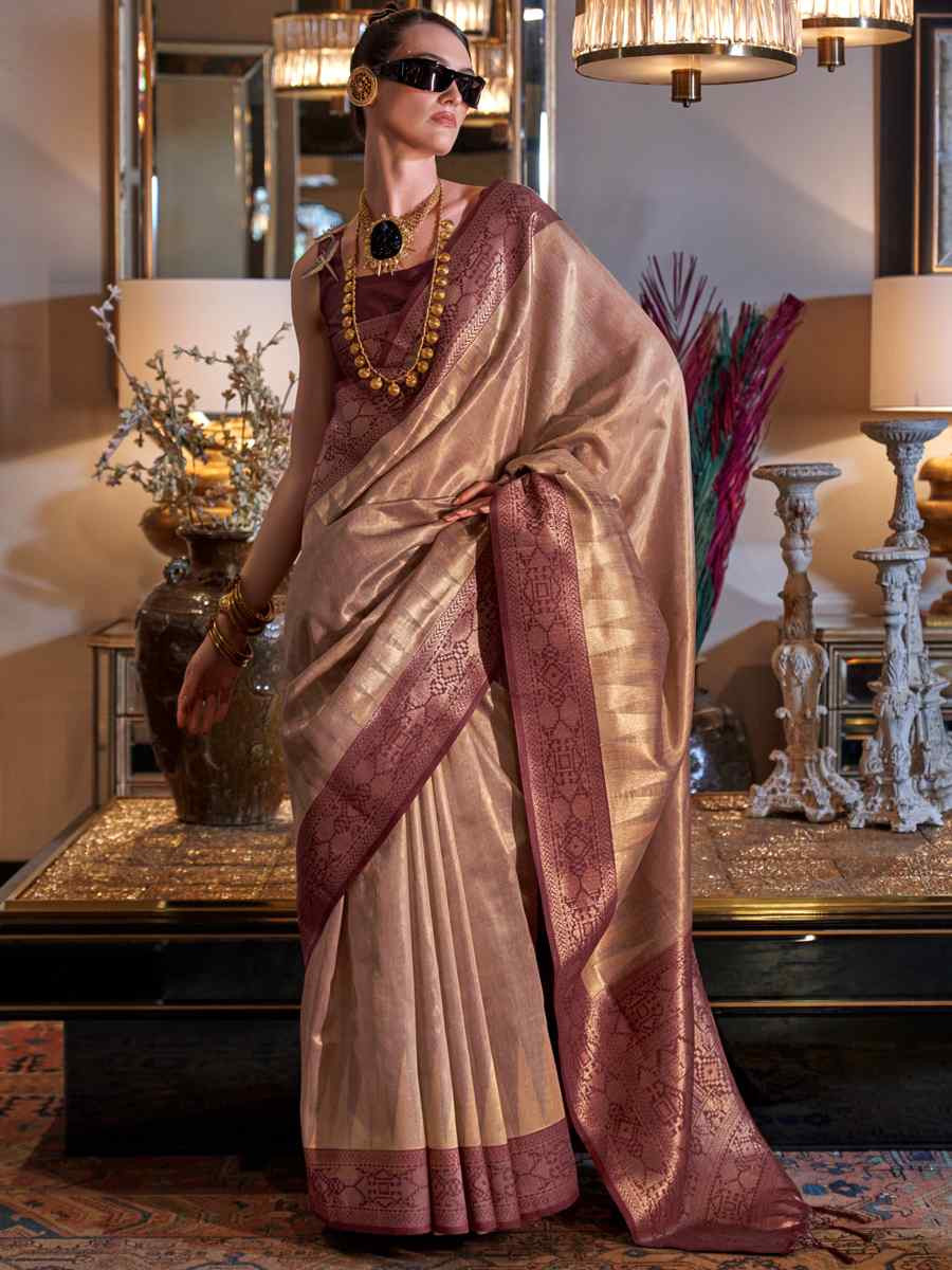 Chikoo Tissue Silk Handwoven Festival Wedding Heavy Border Saree