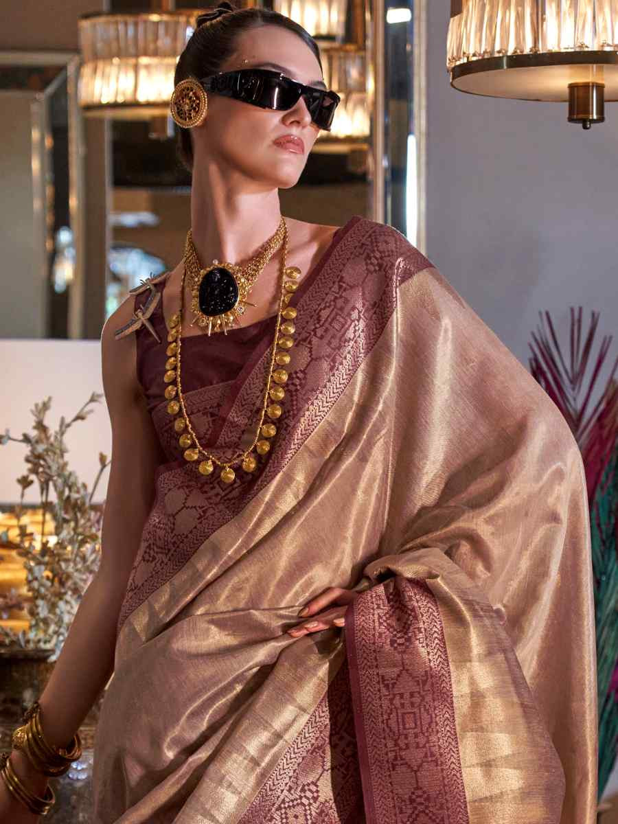 Chikoo Tissue Silk Handwoven Festival Wedding Heavy Border Saree