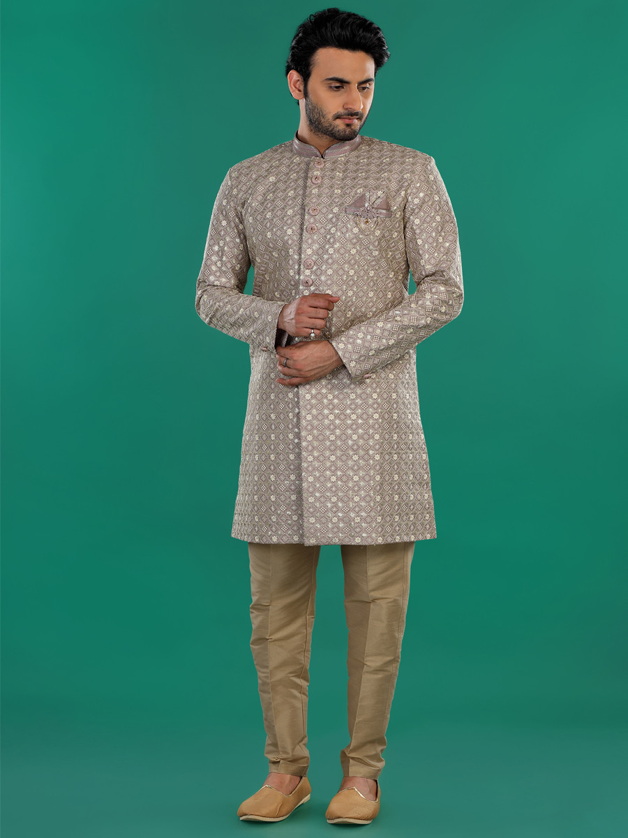 Chocolate Art Silk Embroidered Party Wedding Kurta