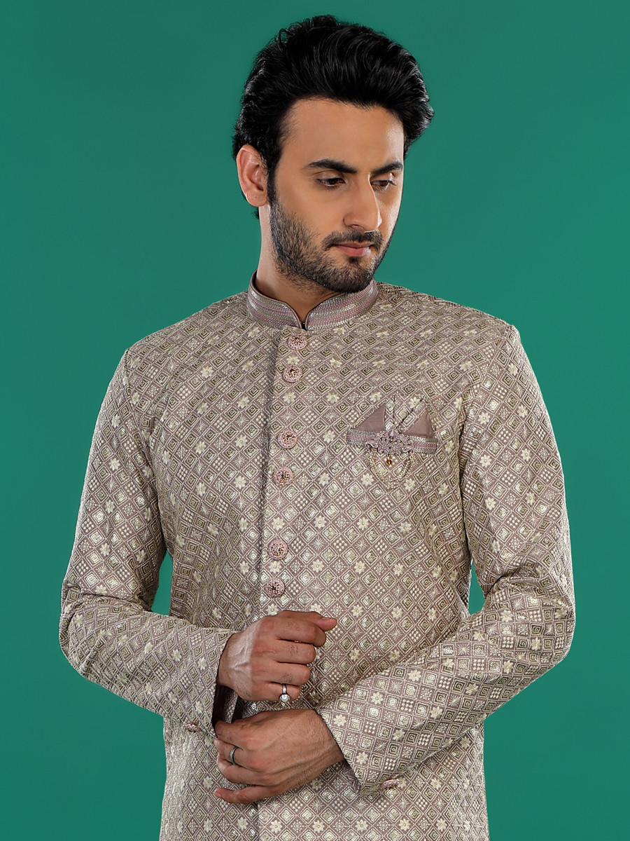 Chocolate Art Silk Embroidered Party Wedding Kurta